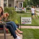 Young couple relaxing on porch swing in their Aurora IL neighborhood at sunset