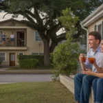 Couple sitting on house steps watching son play soccer, with apartment building visible across street in Lakeland neighborhood at sunset