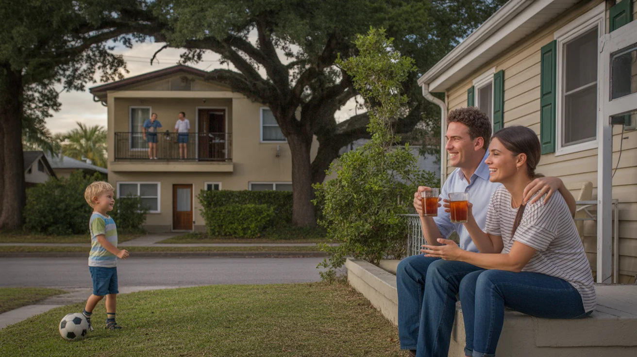 Couple sitting on house steps watching son play soccer, with apartment building visible across street in Lakeland neighborhood at sunset