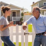 Two neighbors chatting casually across a fence in a quiet Fontana neighborhood