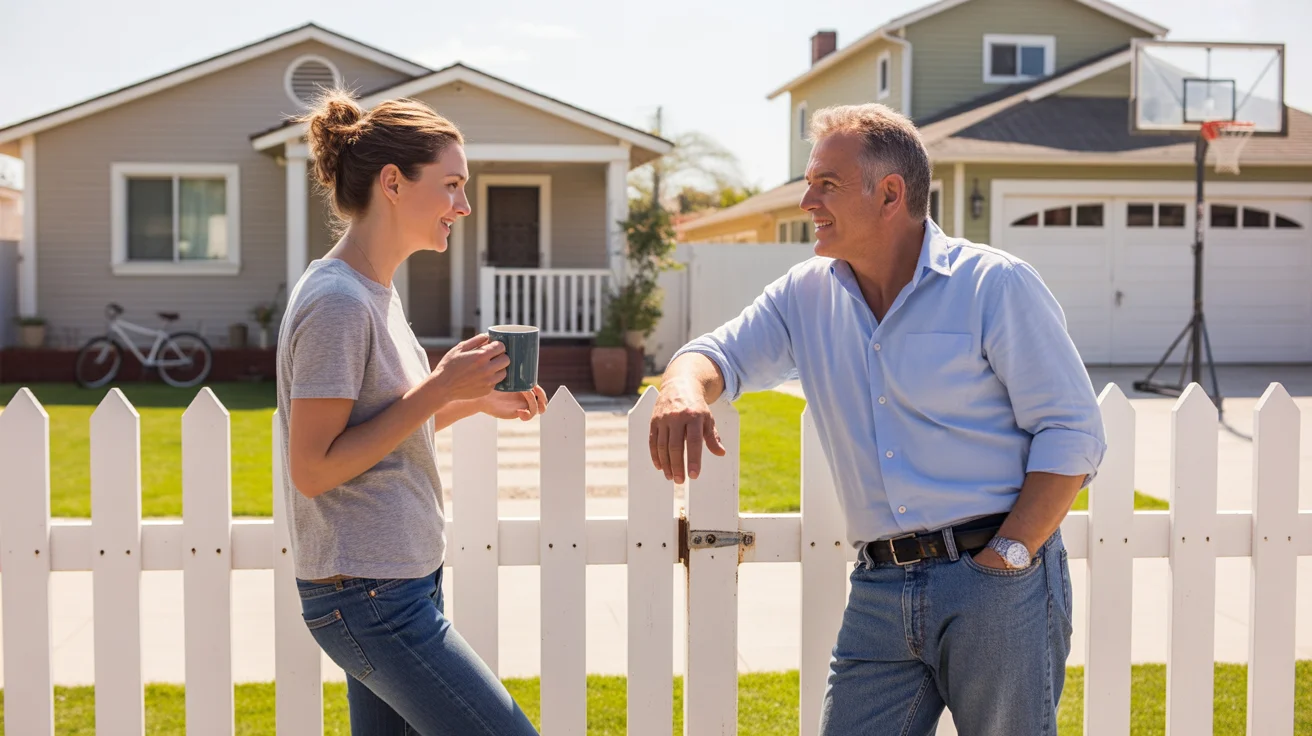 Two neighbors chatting casually across a fence in a quiet Fontana neighborhood