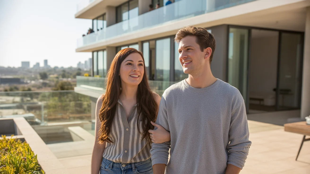 Couple admiring a modern Irvine condo with city views