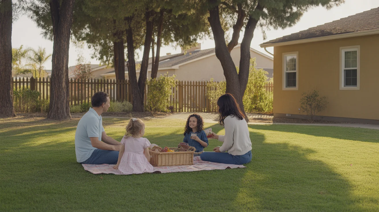 Family having a picnic in the backyard of their Murrieta home