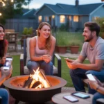 Friends gather around a backyard firepit in Stonecrest, GA, enjoying conversation and company