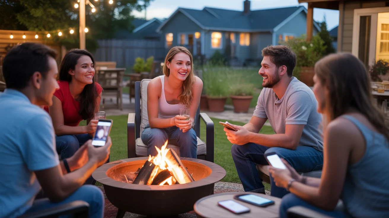 Friends gather around a backyard firepit in Stonecrest, GA, enjoying conversation and company