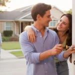 A couple stands in the doorway of their suburban home in Irving, TX, as the man fixes a loose door handle.