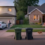 Trash bins out for pickup at a townhome and single-family home in a Broomfield neighborhood at sunset