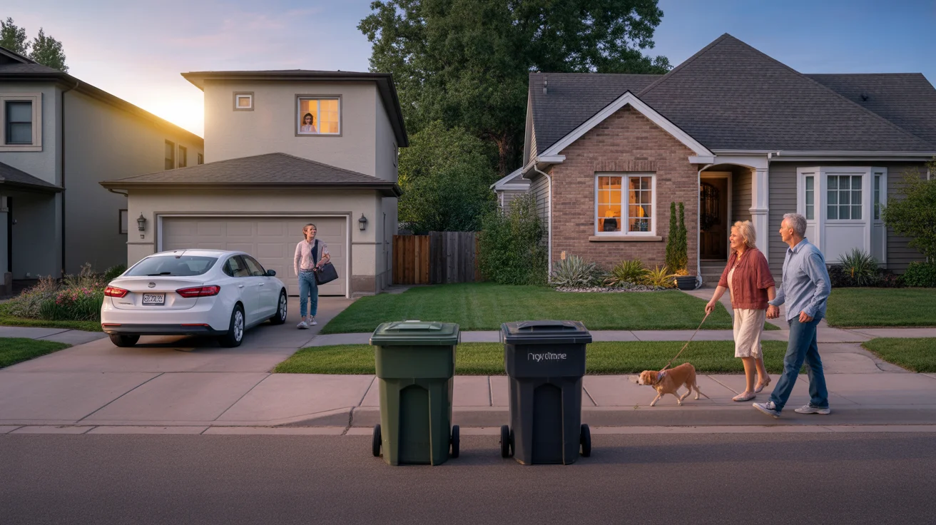 Trash bins out for pickup at a townhome and single-family home in a Broomfield neighborhood at sunset