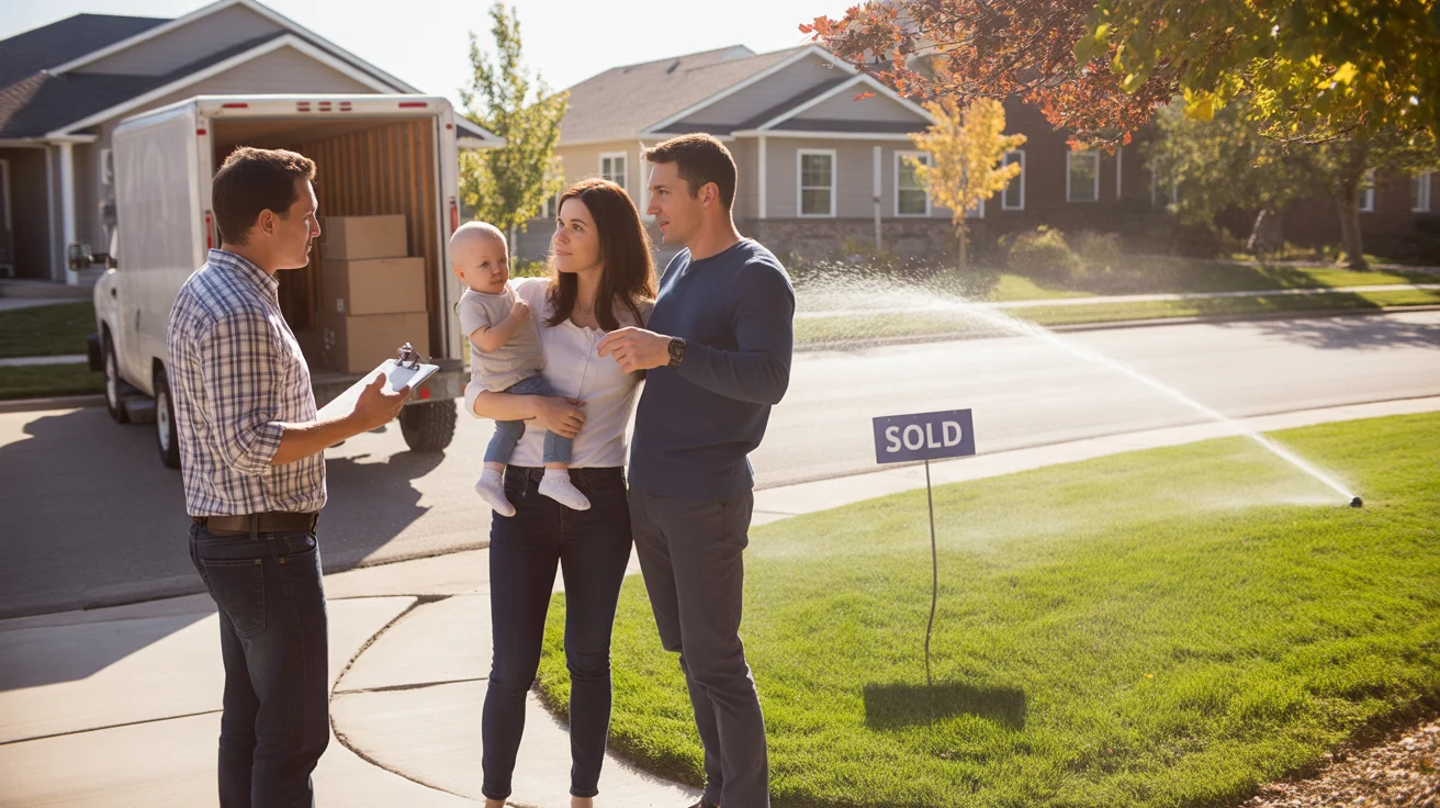 A couple consults with a landscaper in the driveway of their new home in Littleton, Colorado
