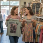 Two friends shopping together at a thrift store in Chapel Hill, NC