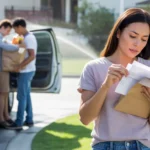 Couple unloading groceries and checking mail outside Irvine home