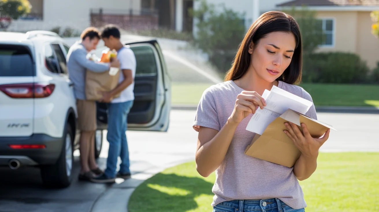 Couple unloading groceries and checking mail outside Irvine home