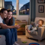 Couple streaming movie on TV in cozy Joliet living room with sleeping toddler nearby