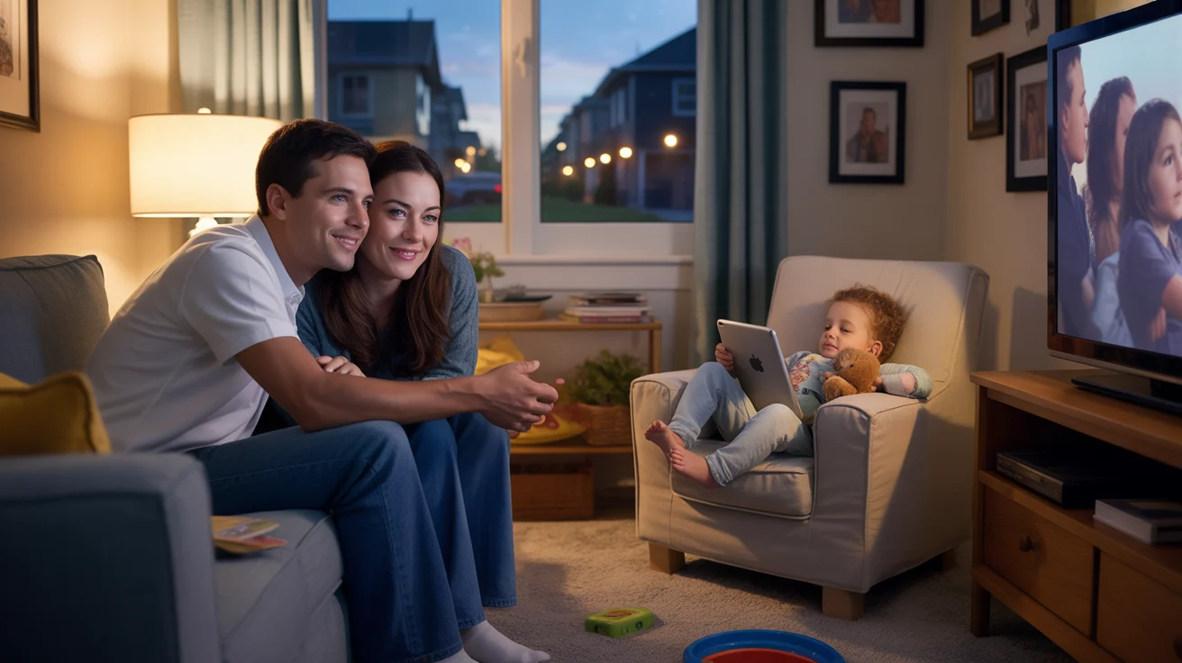 Couple streaming movie on TV in cozy Joliet living room with sleeping toddler nearby