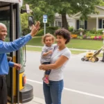 A friendly bus driver waves at a young mother and child passenger waiting at a residential bus stop in Concord, NC