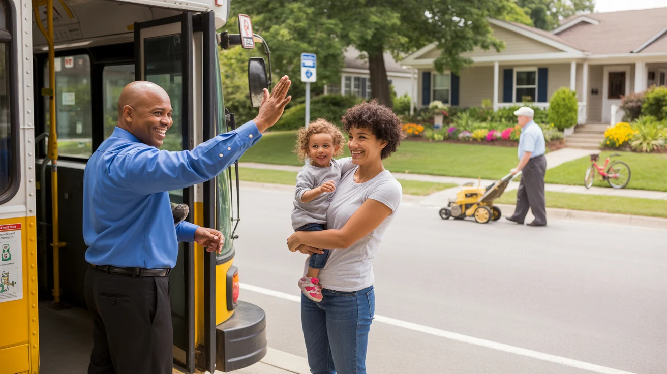 A friendly bus driver waves at a young mother and child passenger waiting at a residential bus stop in Concord, NC