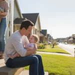 Father holding baby daughter on front steps of Pflugerville home