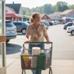 Woman shopping for household essentials at dollar store in Gastonia strip mall
