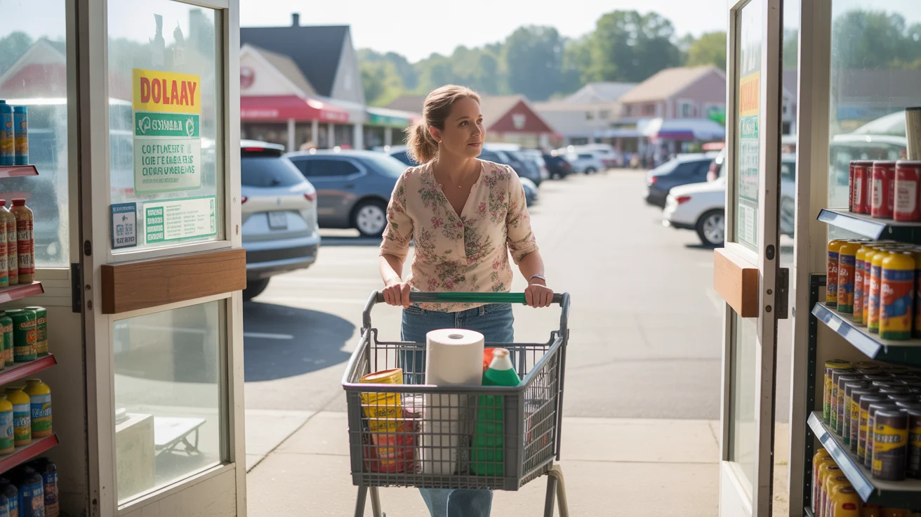 Woman shopping for household essentials at dollar store in Gastonia strip mall