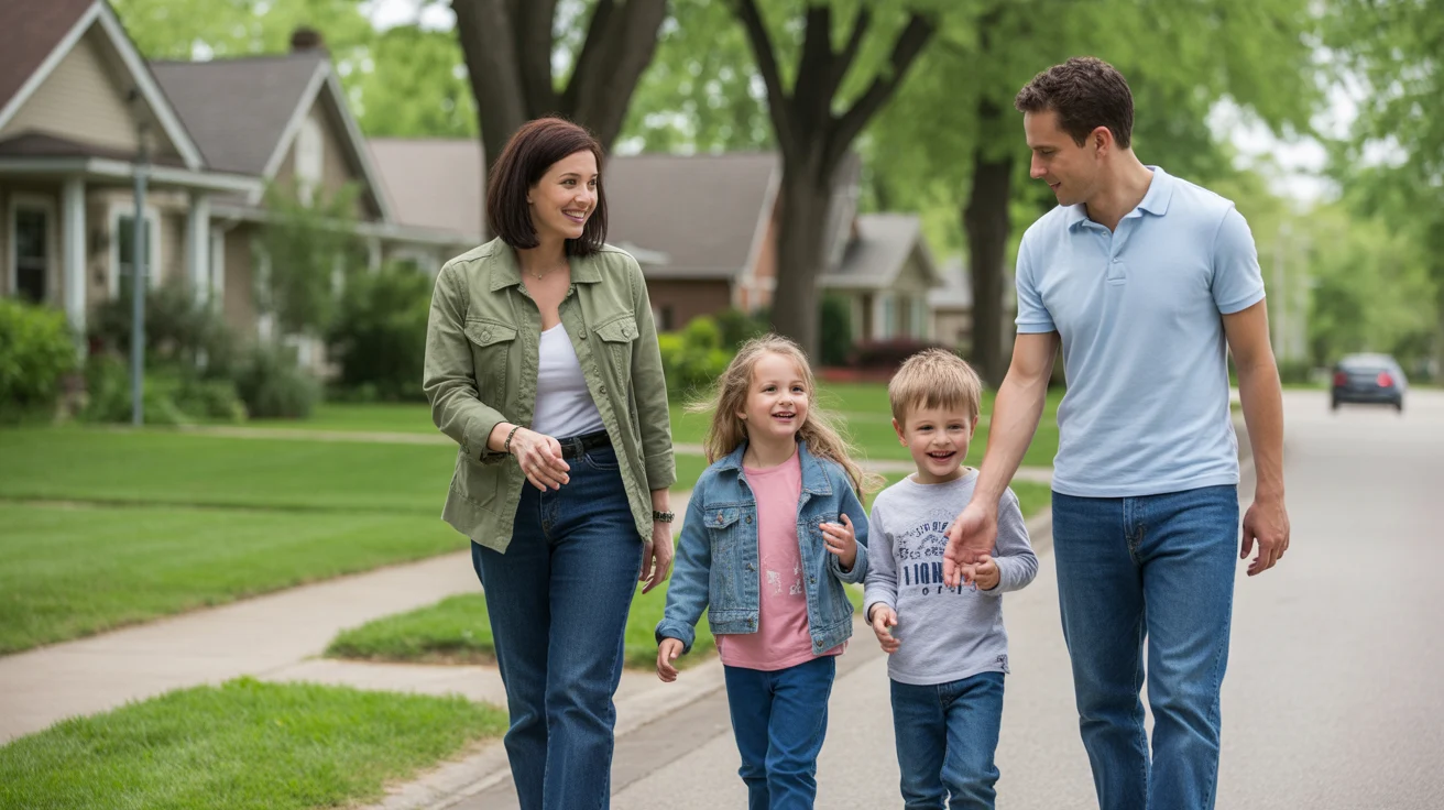 A family walks through an Elgin neighborhood on a sunny day, looking at houses