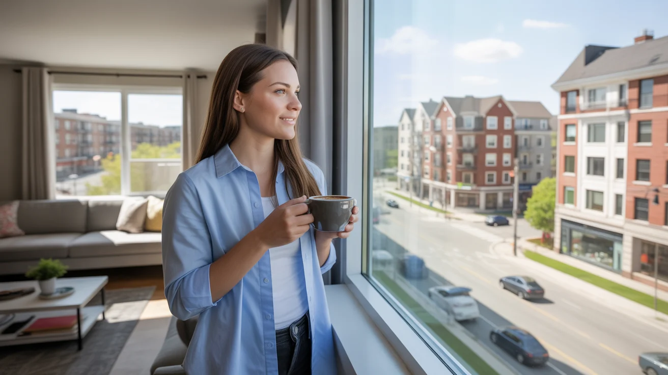 A woman enjoys coffee by the window of her Bolingbrook apartment