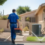 HVAC technician walking to inspect outdoor AC unit at a home in Fontana, CA