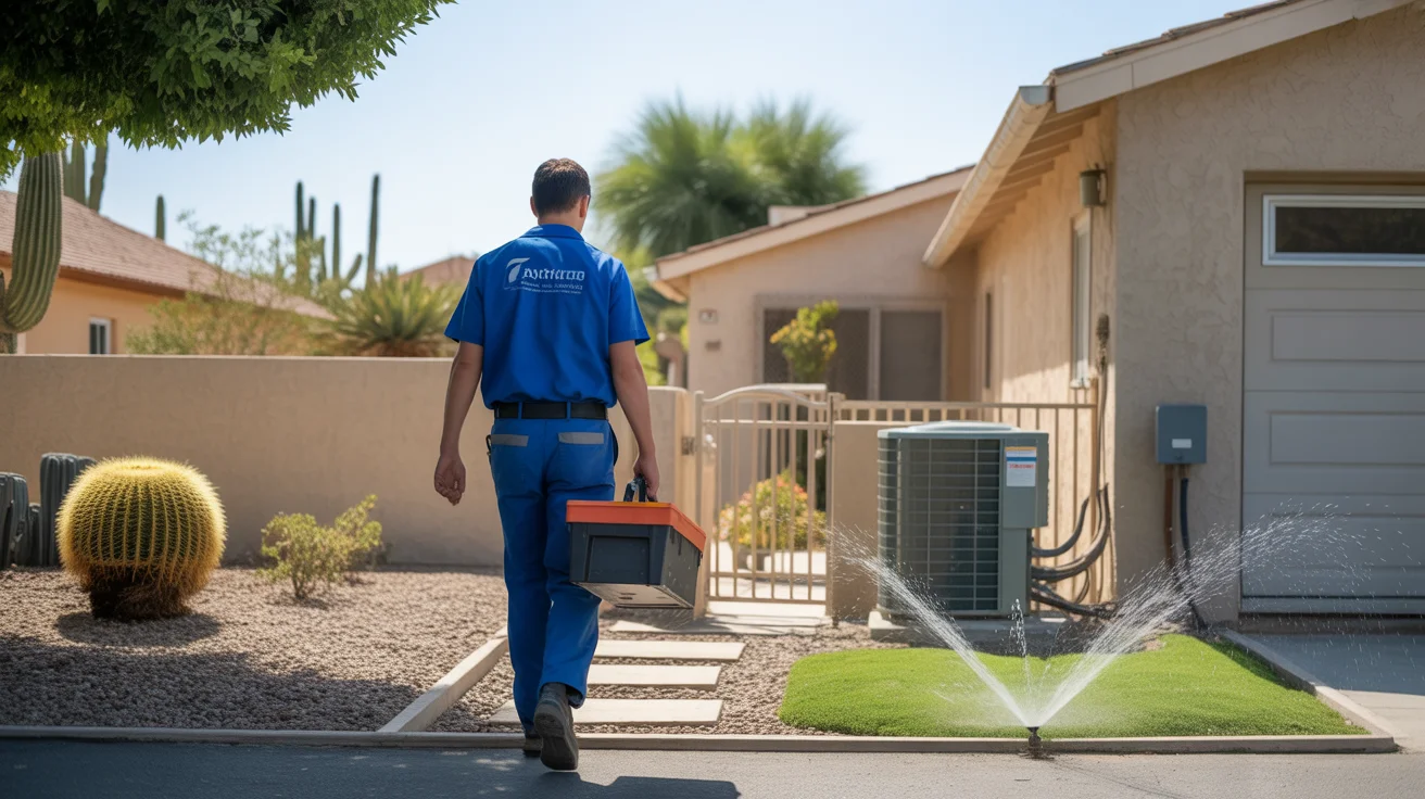 HVAC technician walking to inspect outdoor AC unit at a home in Fontana, CA