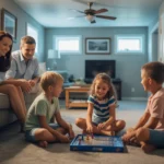Family relaxing together in cool basement on hot summer day in Broomfield