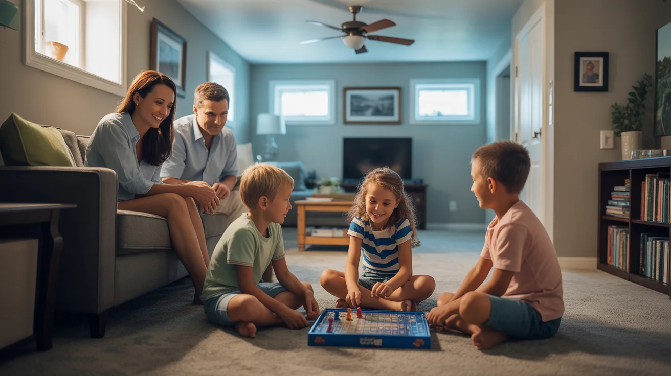 Family relaxing together in cool basement on hot summer day in Broomfield