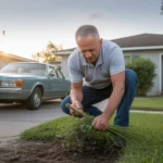Man pulling weeds in front yard of Kissimmee home at sunset