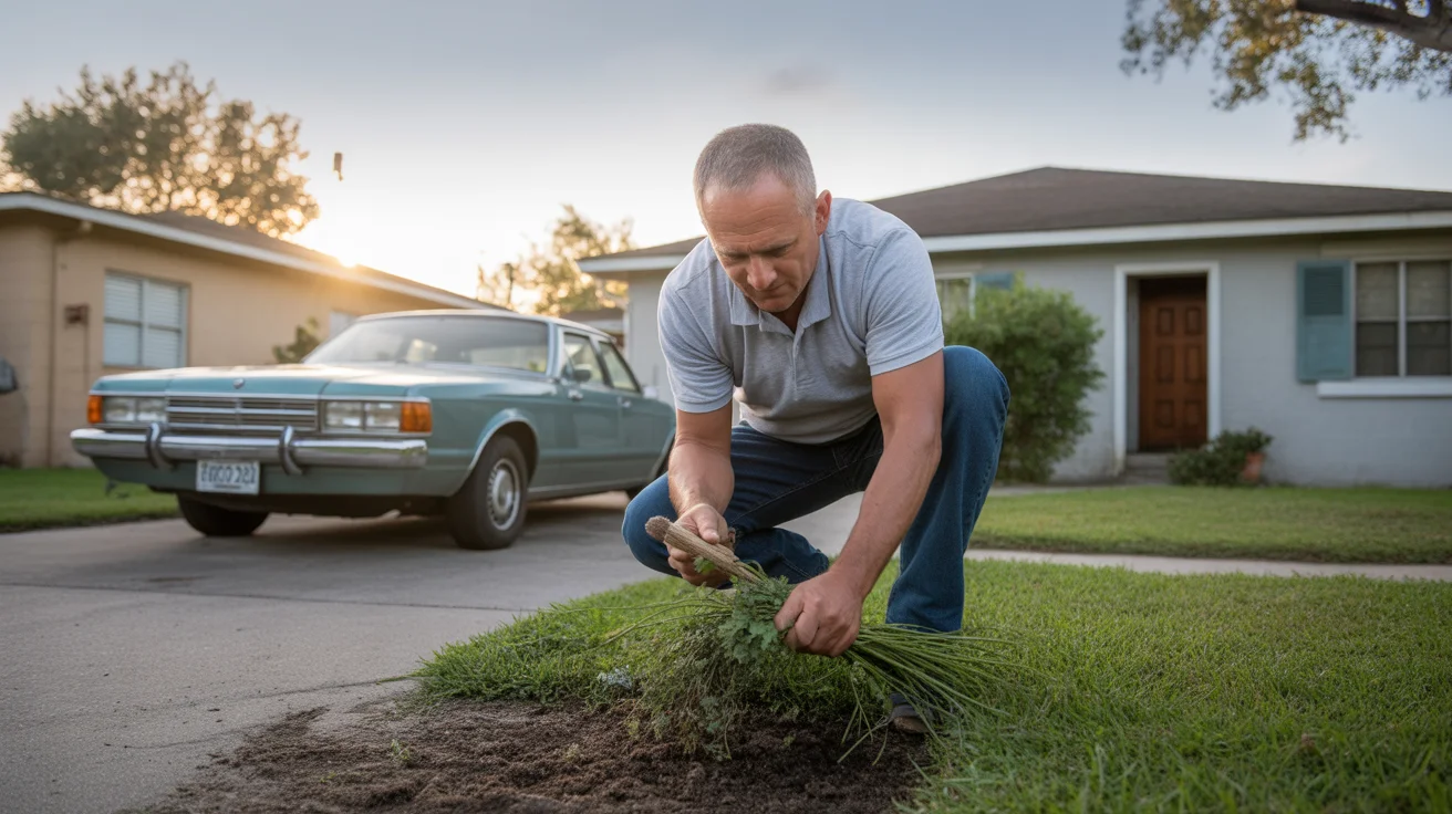 Man pulling weeds in front yard of Kissimmee home at sunset