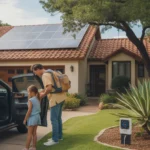 Solar panels on the roof of a suburban home in New Braunfels, Texas at sunrise