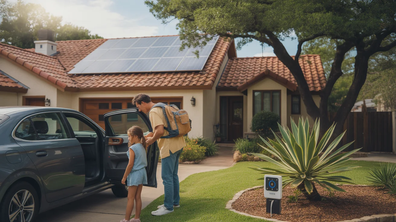 Solar panels on the roof of a suburban home in New Braunfels, Texas at sunrise