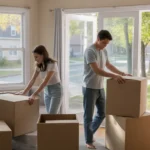 Couple unpacking in sunny Naperville apartment living room