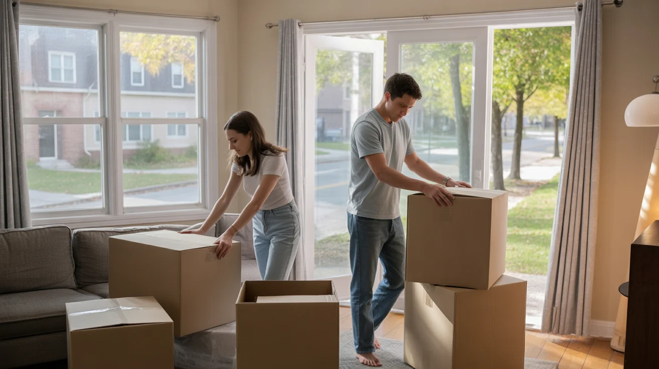 Couple unpacking in sunny Naperville apartment living room