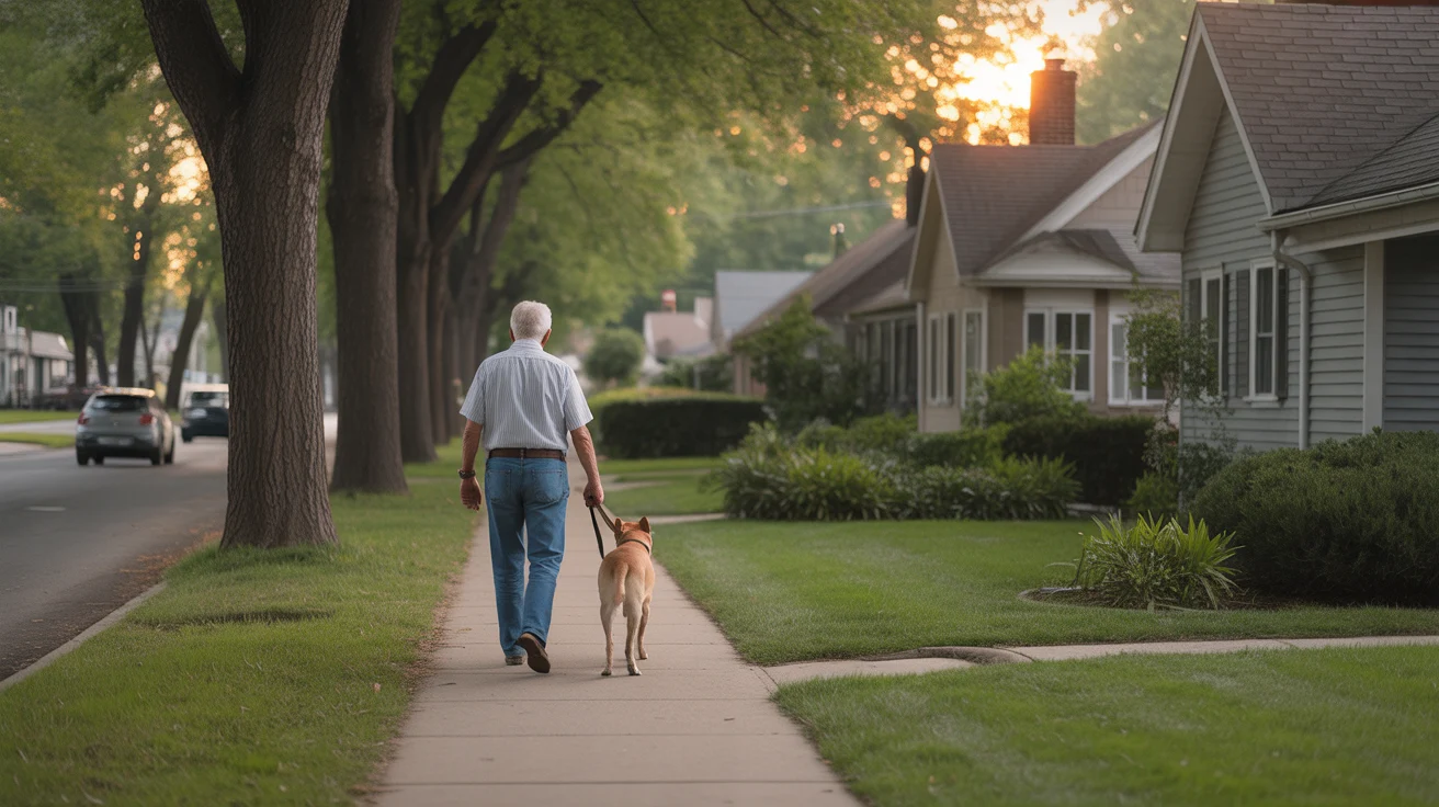 Man walking dog on tranquil residential street in Wheaton at sunset