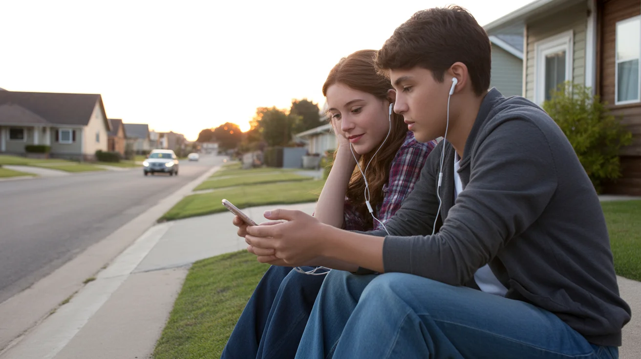 Two teenagers share earbuds while watching a phone together on front steps of an Ontario, CA suburban home at sunset