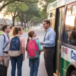 Family boarding Capital Metro bus in Round Rock, Texas suburb