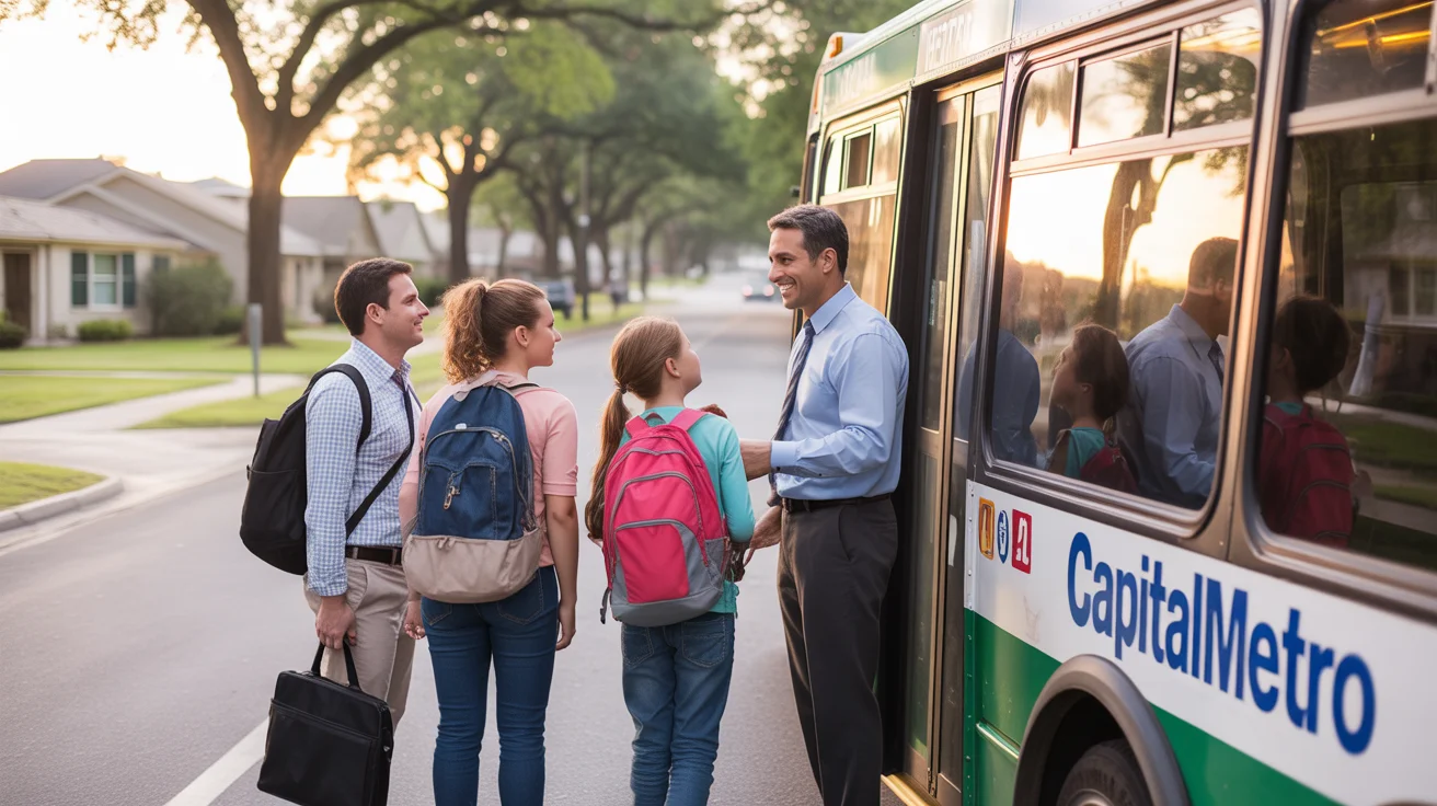 Family boarding Capital Metro bus in Round Rock, Texas suburb