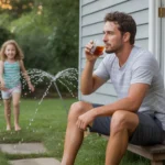 Father takes a break from yardwork to watch his children play in the sprinkler on a hot summer evening in Alpharetta.