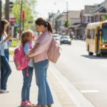 Mother and daughter waiting for the school bus on a sunny morning in Westminster, Colorado