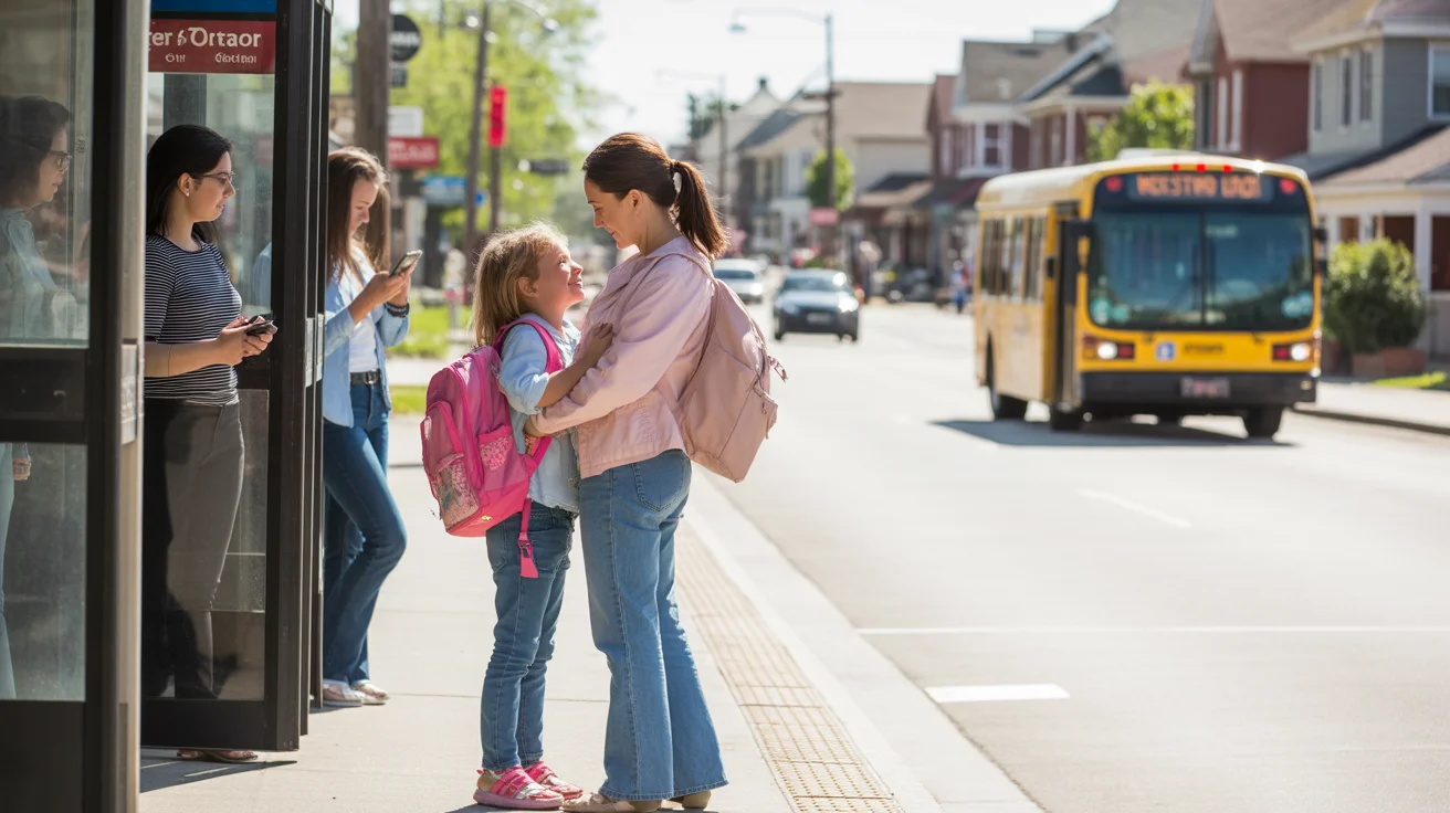 Mother and daughter waiting for the school bus on a sunny morning in Westminster, Colorado