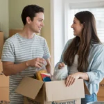 Couple unpacking groceries in their new Stonecrest home kitchen
