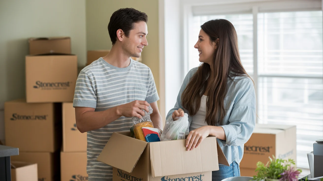 Couple unpacking groceries in their new Stonecrest home kitchen