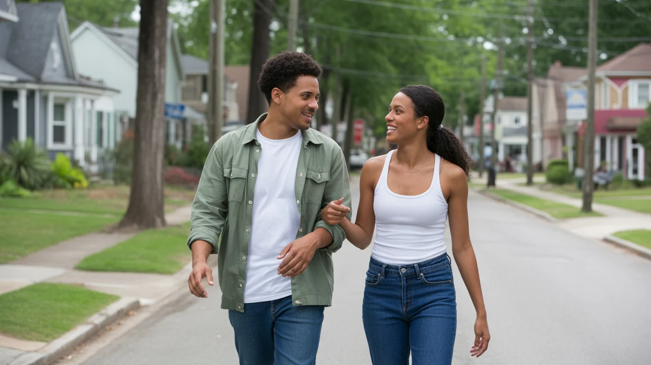 Two friends walking and talking on a residential street in Douglasville