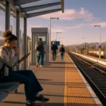 Young woman checking phone while waiting for light rail train at dusk in Spring Valley, NV