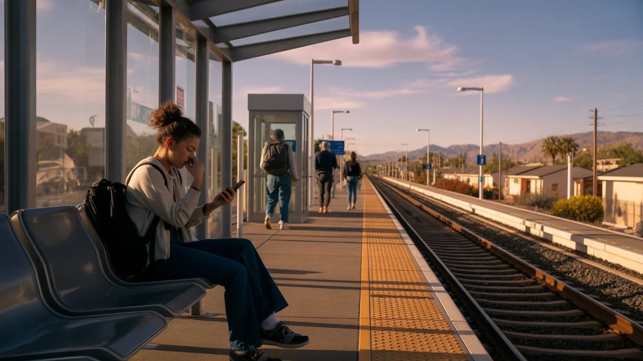 Young woman checking phone while waiting for light rail train at dusk in Spring Valley, NV