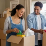 Couple unpacking groceries in new West Jordan home kitchen