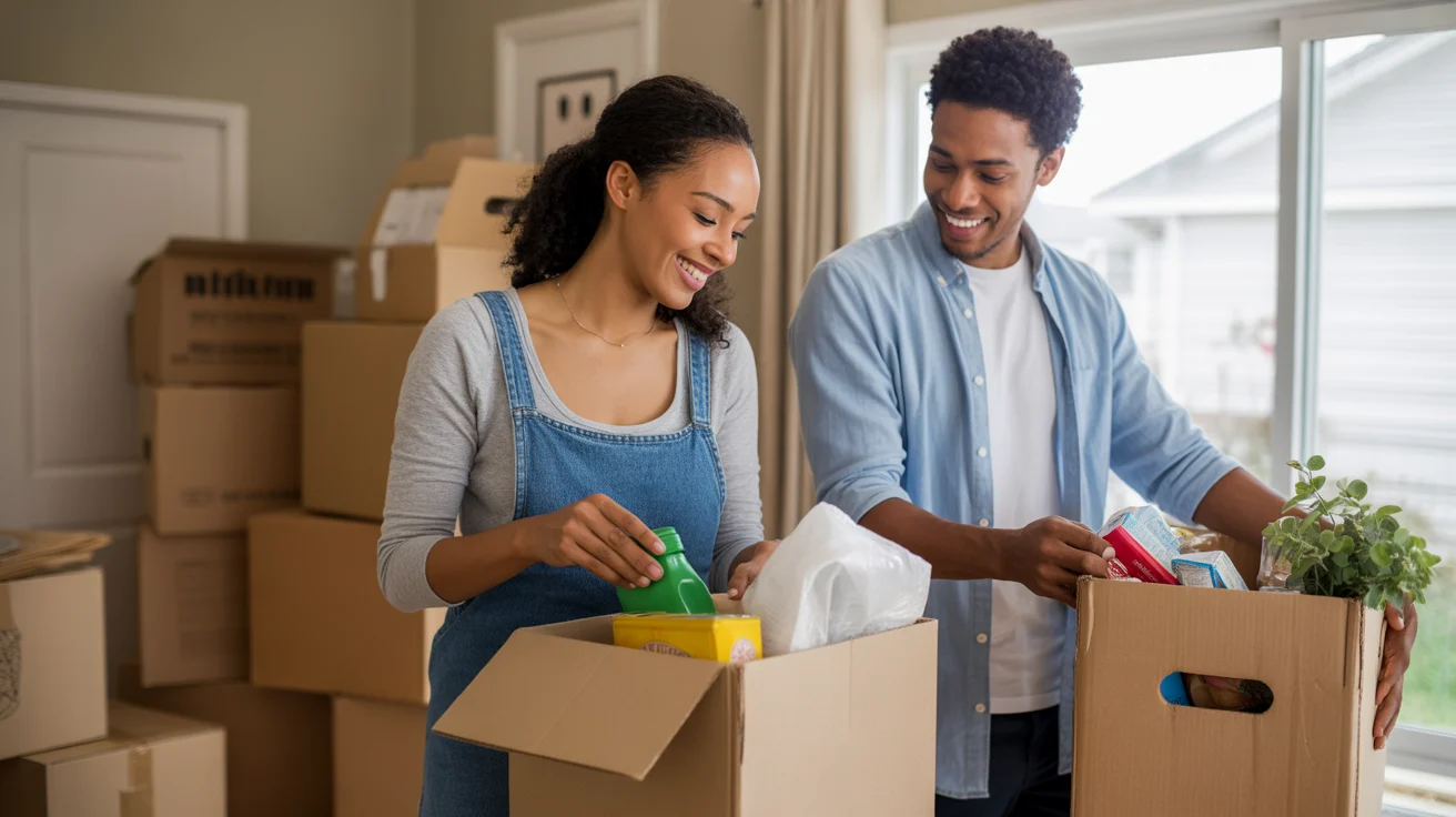 Couple unpacking groceries in new West Jordan home kitchen