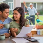 Couple reviewing financial documents in Irvine kitchen as neighbor mows lawn outside